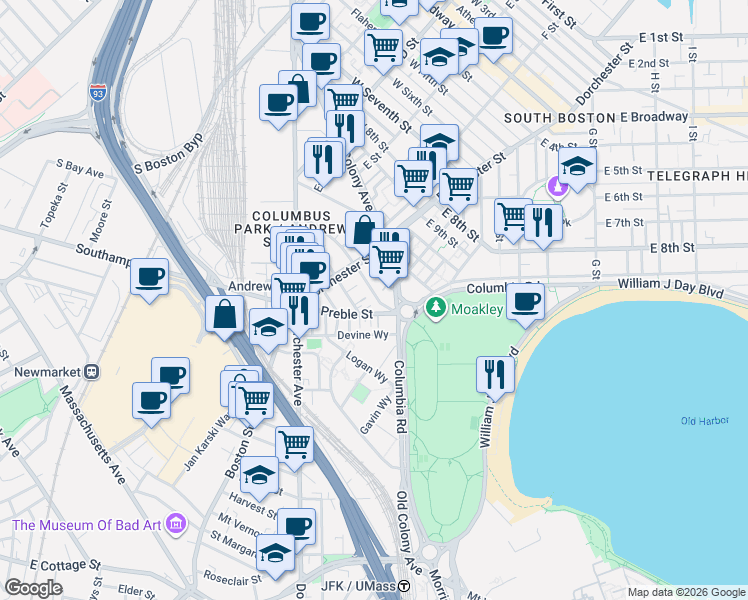 map of restaurants, bars, coffee shops, grocery stores, and more near 23 Vinton Street in Boston