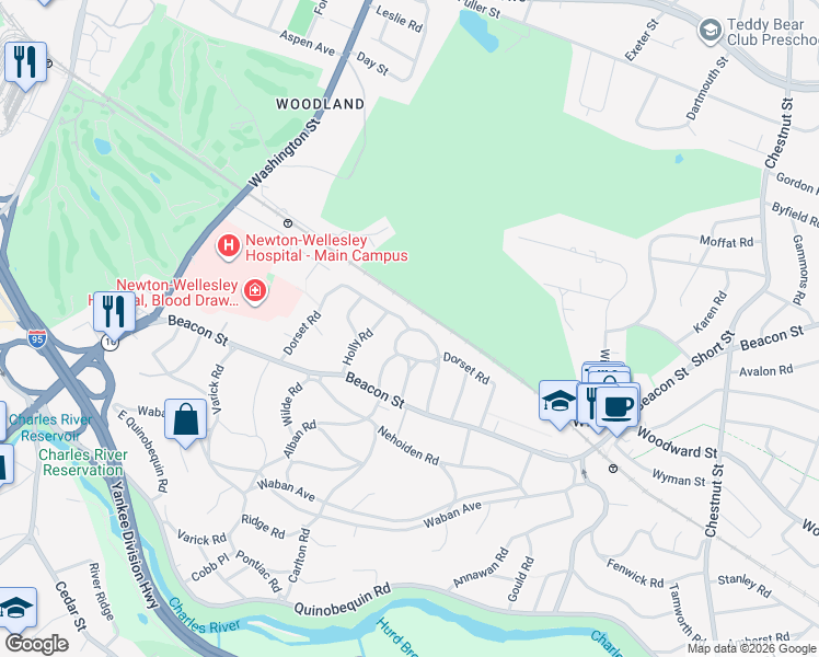 map of restaurants, bars, coffee shops, grocery stores, and more near 129 Dorset Road in Newton