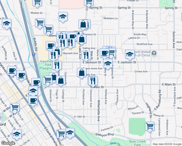 map of restaurants, bars, coffee shops, grocery stores, and more near 1008 Queen Anne Avenue in Medford