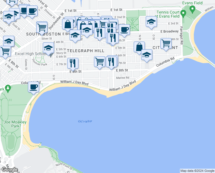 map of restaurants, bars, coffee shops, grocery stores, and more near 249 L Street in Boston