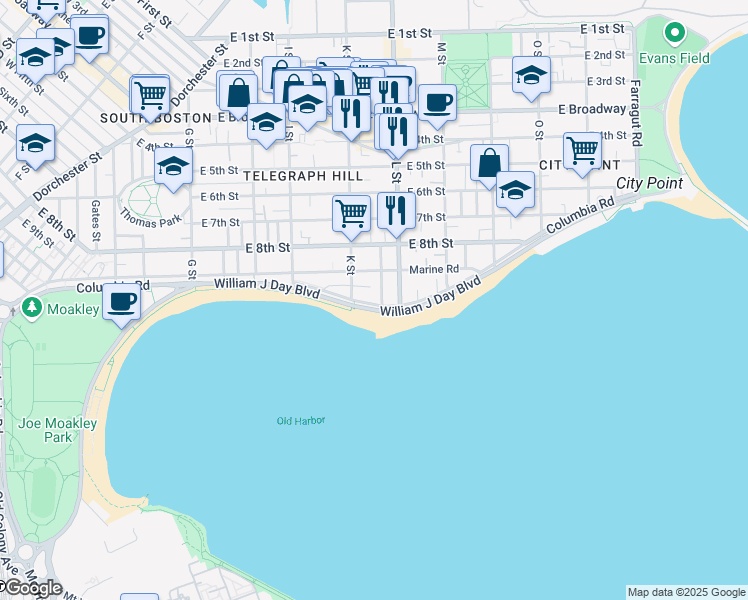map of restaurants, bars, coffee shops, grocery stores, and more near 406 K Street in Boston