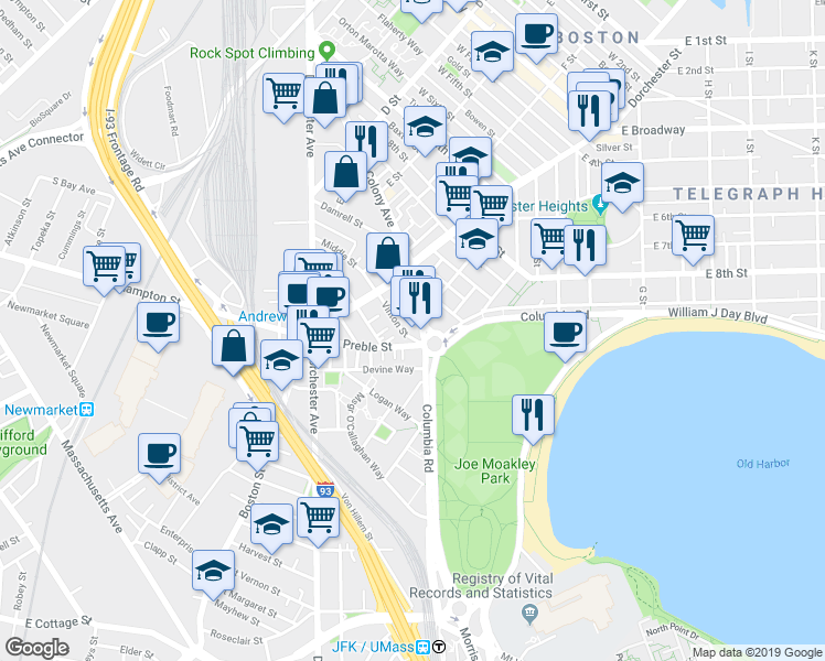 map of restaurants, bars, coffee shops, grocery stores, and more near 23 Vinton Street in Boston