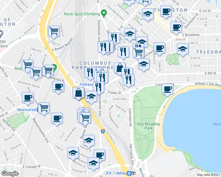 map of restaurants, bars, coffee shops, grocery stores, and more near 15 Ward Street in Boston