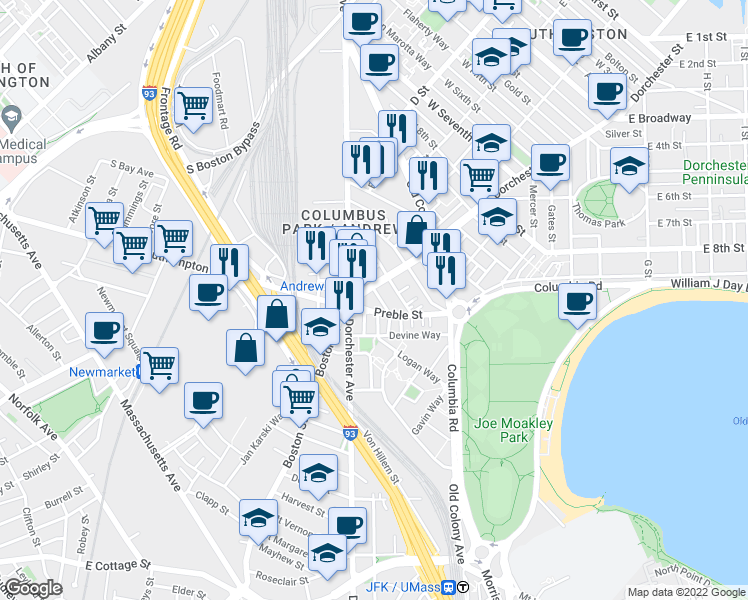 map of restaurants, bars, coffee shops, grocery stores, and more near 395 Dorchester Street in Boston