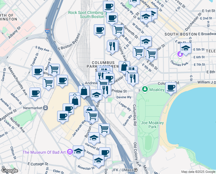 map of restaurants, bars, coffee shops, grocery stores, and more near 395 Dorchester Street in Boston
