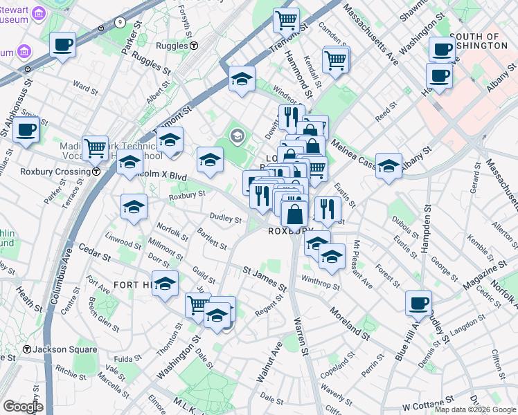 map of restaurants, bars, coffee shops, grocery stores, and more near 2343-2345 Washington Street in Boston