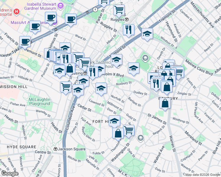 map of restaurants, bars, coffee shops, grocery stores, and more near 13 Centre Street in Boston