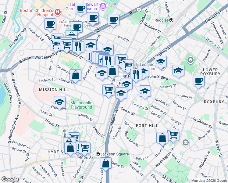 map of restaurants, bars, coffee shops, grocery stores, and more near 40 Terrace Street in Boston
