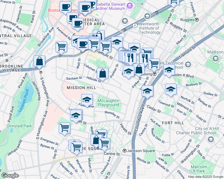 map of restaurants, bars, coffee shops, grocery stores, and more near 60 Hillside Street in Boston