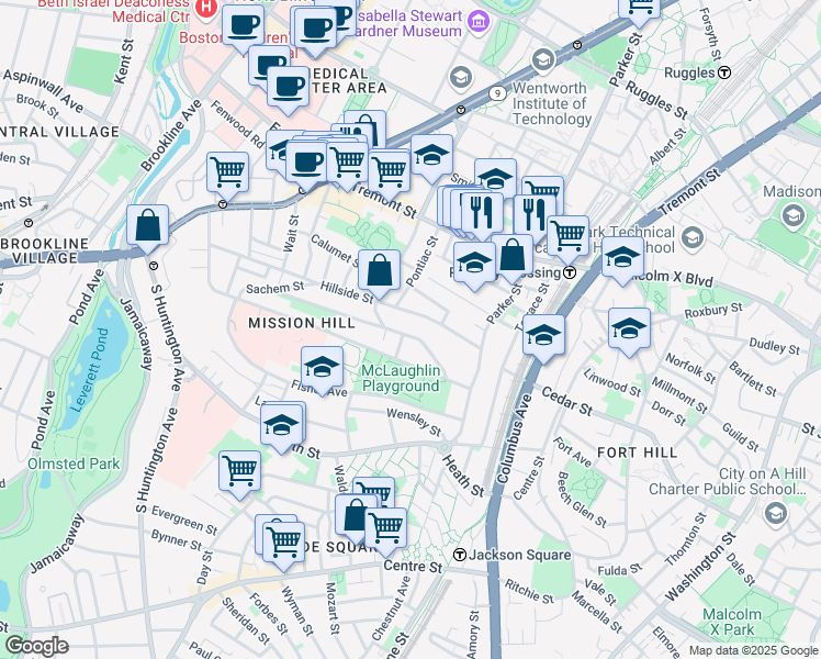 map of restaurants, bars, coffee shops, grocery stores, and more near 60 Hillside Street in Boston