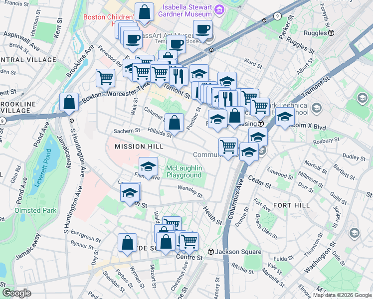 map of restaurants, bars, coffee shops, grocery stores, and more near 60 Hillside Street in Boston