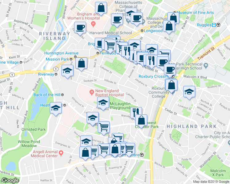map of restaurants, bars, coffee shops, grocery stores, and more near 5 Iroquois Street in Boston