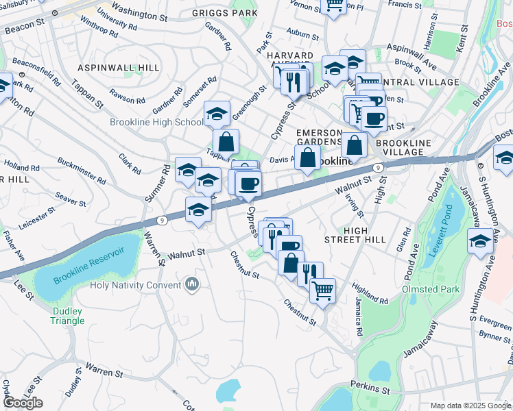 map of restaurants, bars, coffee shops, grocery stores, and more near 308 Boylston Street in Brookline