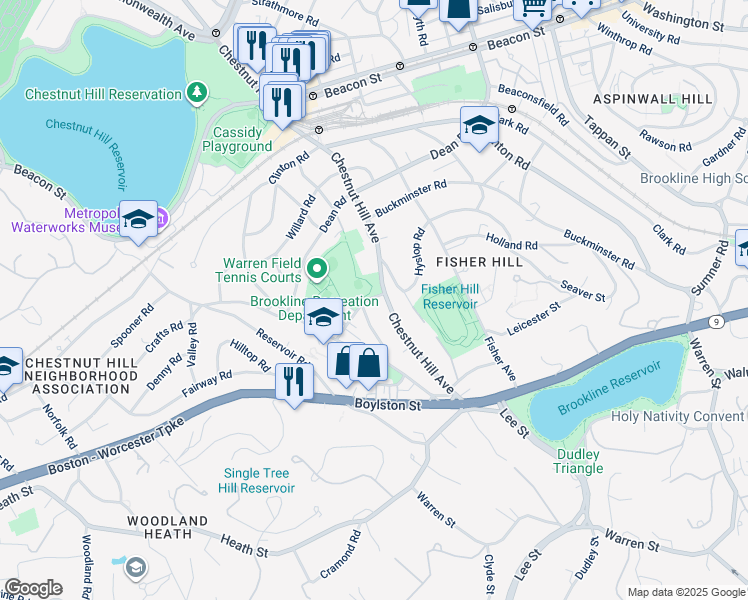 map of restaurants, bars, coffee shops, grocery stores, and more near in Brookline
