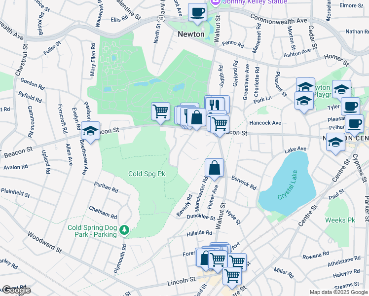 map of restaurants, bars, coffee shops, grocery stores, and more near 35 Wilson Circle in Newton