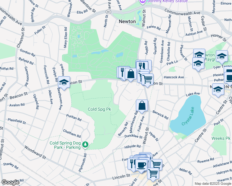 map of restaurants, bars, coffee shops, grocery stores, and more near 47 Beaconwood Road in Newton