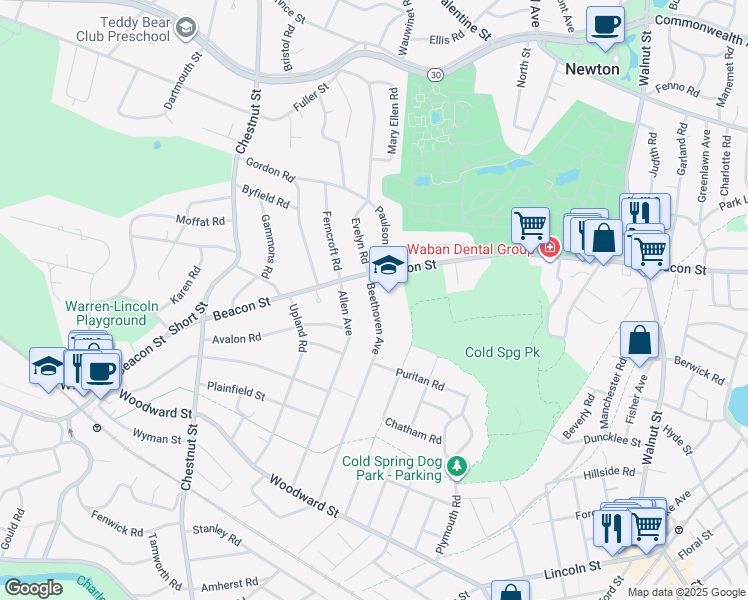 map of restaurants, bars, coffee shops, grocery stores, and more near 1338 Beacon Street in Newton