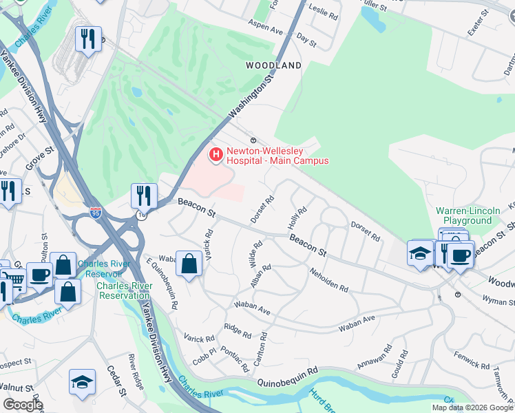 map of restaurants, bars, coffee shops, grocery stores, and more near 261 Dorset Road in Newton