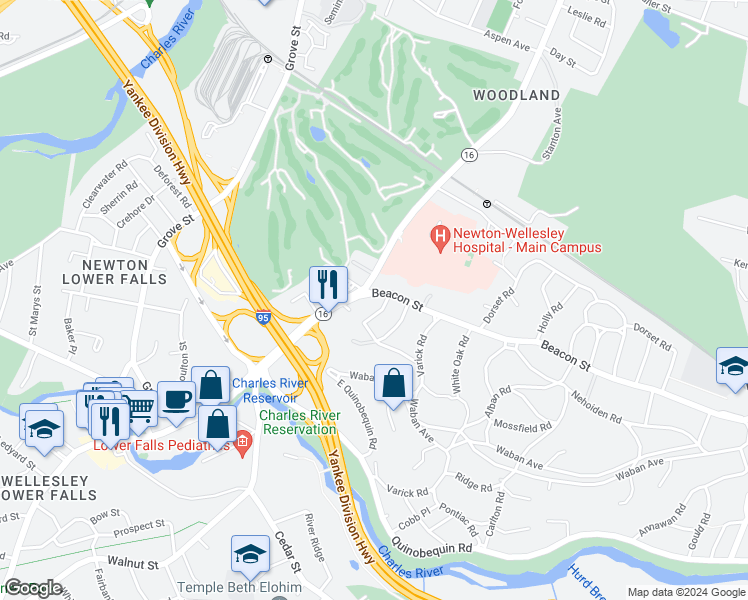 map of restaurants, bars, coffee shops, grocery stores, and more near in Newton