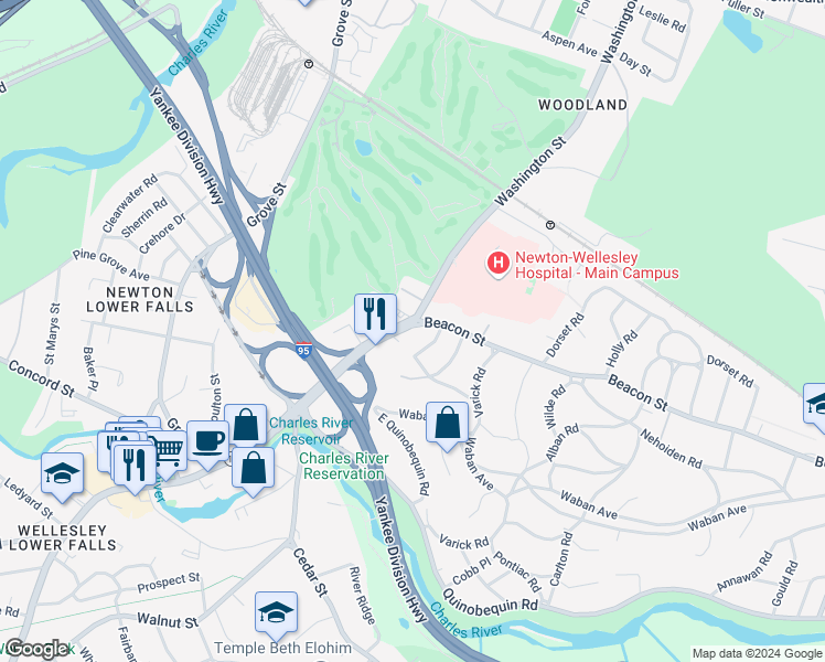 map of restaurants, bars, coffee shops, grocery stores, and more near in Newton