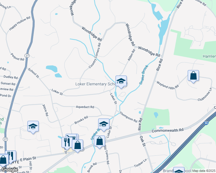 map of restaurants, bars, coffee shops, grocery stores, and more near 67 Loker Street in Wayland