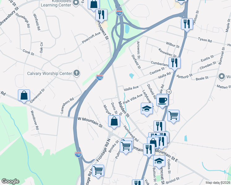 map of restaurants, bars, coffee shops, grocery stores, and more near 119 Malden Street in Worcester