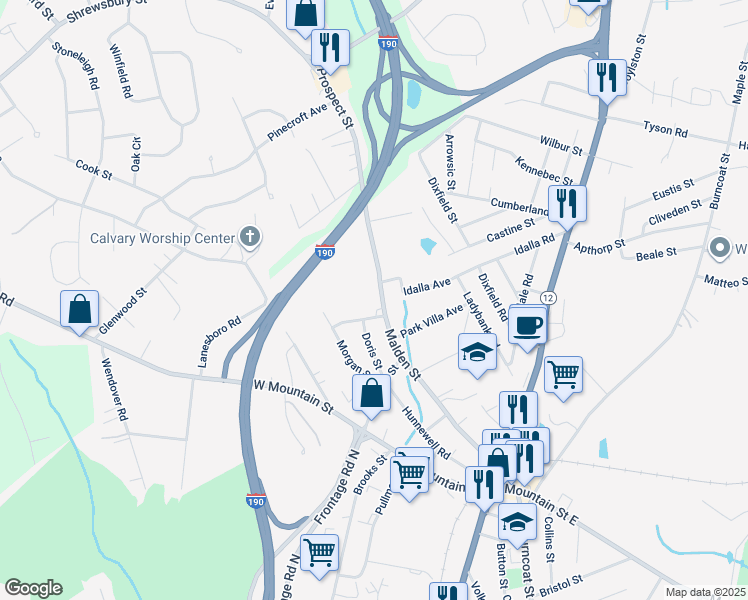 map of restaurants, bars, coffee shops, grocery stores, and more near 119 Malden Street in Worcester