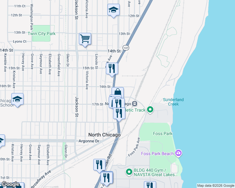 map of restaurants, bars, coffee shops, grocery stores, and more near 1610 Sheridan Road in North Chicago