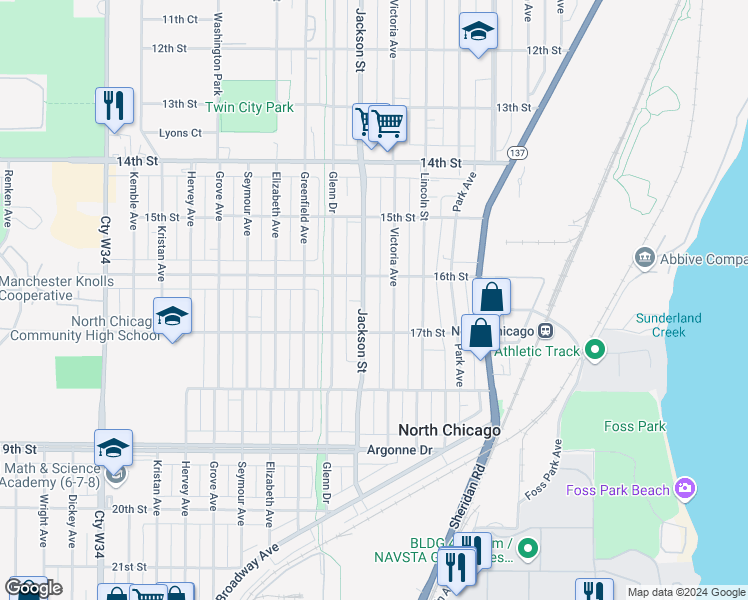map of restaurants, bars, coffee shops, grocery stores, and more near 1611 Jackson Street in North Chicago