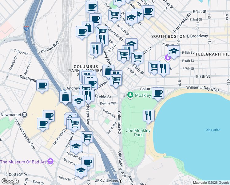 map of restaurants, bars, coffee shops, grocery stores, and more near 45 Vinton Street in Boston