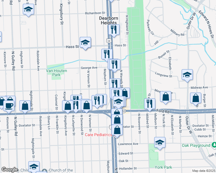 map of restaurants, bars, coffee shops, grocery stores, and more near 5927 Mayburn Street in Dearborn Heights