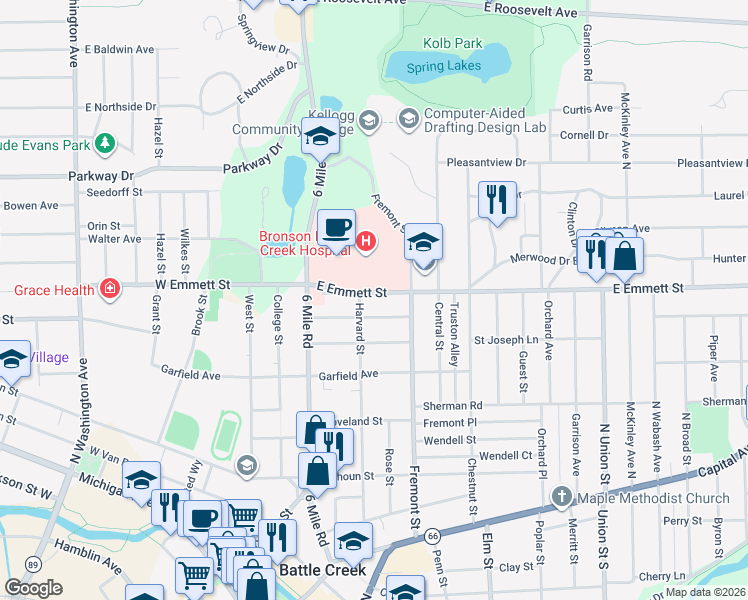 map of restaurants, bars, coffee shops, grocery stores, and more near 68 East Emmett Street in Battle Creek