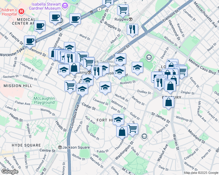 map of restaurants, bars, coffee shops, grocery stores, and more near 18 Centre Street in Boston