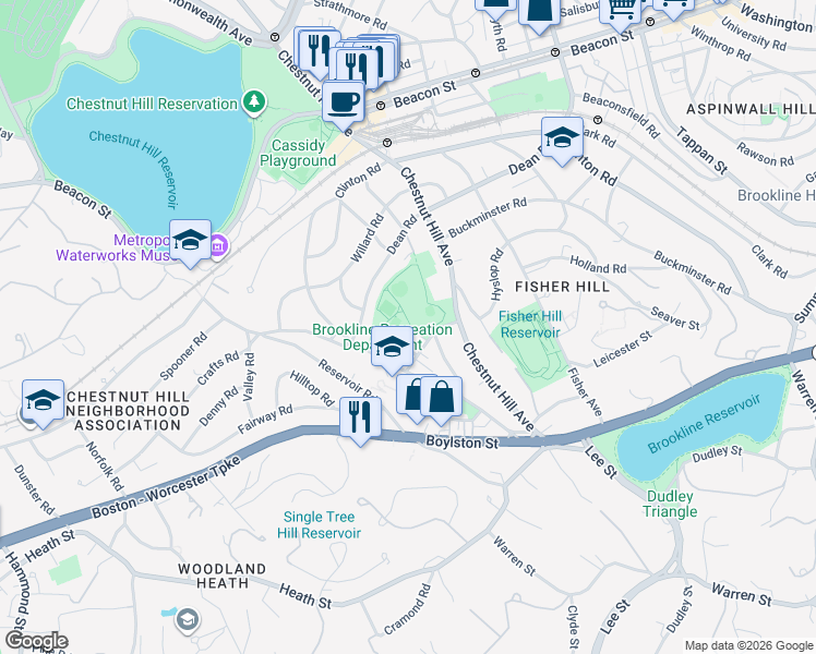map of restaurants, bars, coffee shops, grocery stores, and more near 99 Ackers Terrace in Brookline