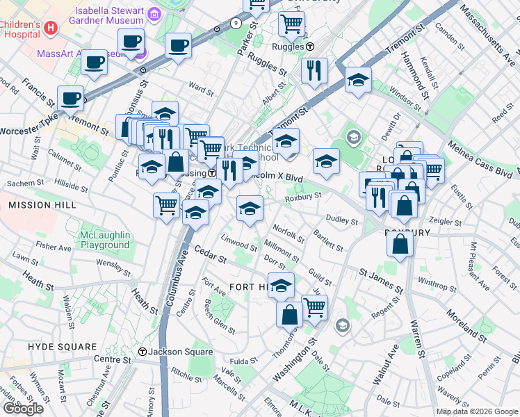map of restaurants, bars, coffee shops, grocery stores, and more near 18 Centre Street in Boston