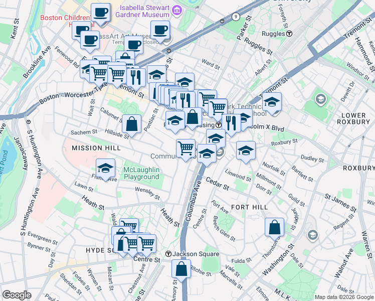 map of restaurants, bars, coffee shops, grocery stores, and more near in Boston