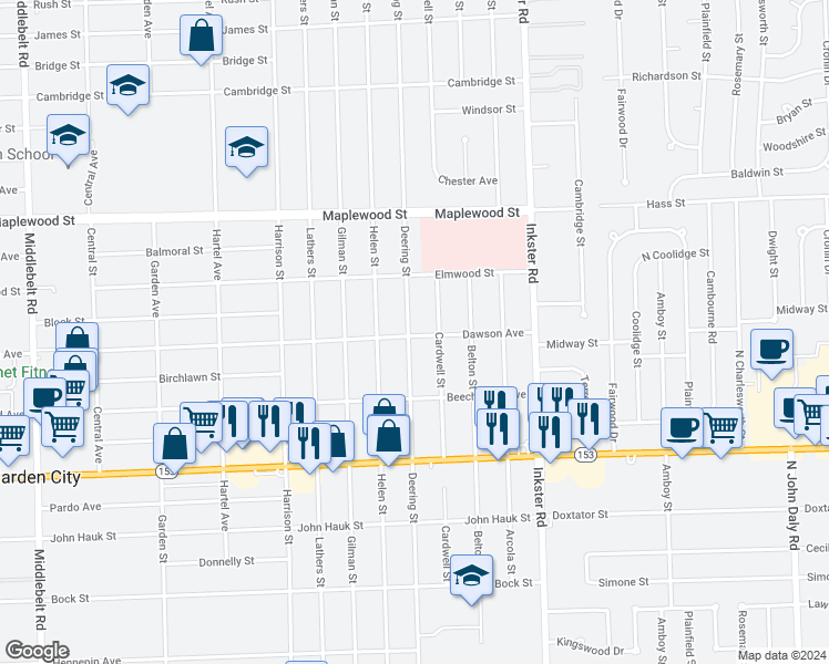 map of restaurants, bars, coffee shops, grocery stores, and more near 6010 Deering Street in Garden City