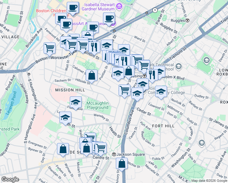 map of restaurants, bars, coffee shops, grocery stores, and more near 5R Cherokee Street in Boston