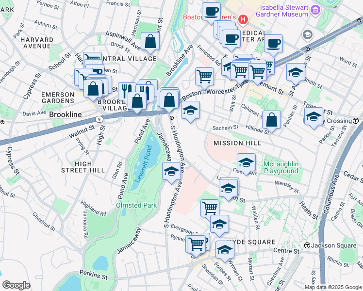 map of restaurants, bars, coffee shops, grocery stores, and more near 78 South Huntington Avenue in Boston