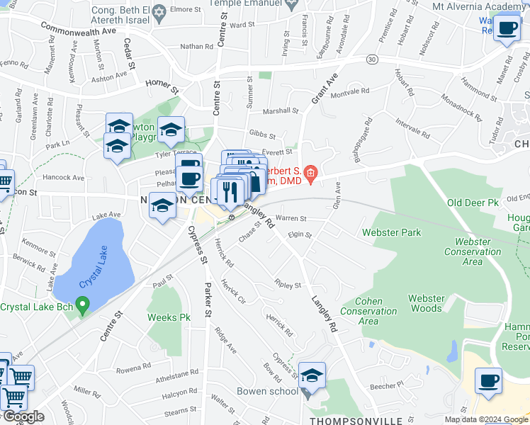 map of restaurants, bars, coffee shops, grocery stores, and more near 92 Langley Road in Newton