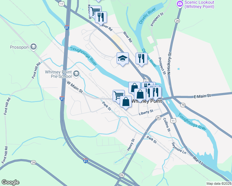 map of restaurants, bars, coffee shops, grocery stores, and more near 2594 Main Street in Whitney Point