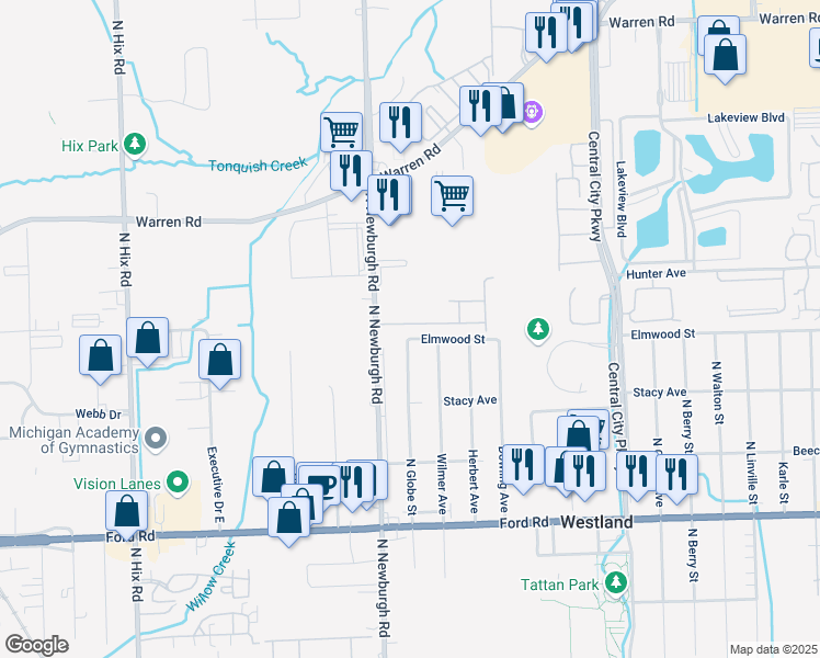 map of restaurants, bars, coffee shops, grocery stores, and more near 37282 Amhurst Drive in Westland
