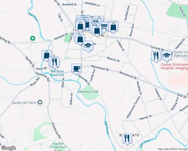 map of restaurants, bars, coffee shops, grocery stores, and more near 29 Landy Avenue in Northampton