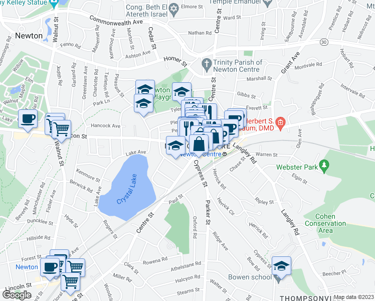 map of restaurants, bars, coffee shops, grocery stores, and more near 848 Beacon Street in Newton