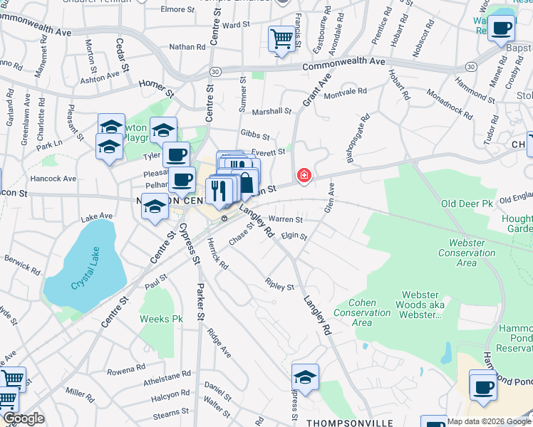 map of restaurants, bars, coffee shops, grocery stores, and more near 175 Warren Street in Newton