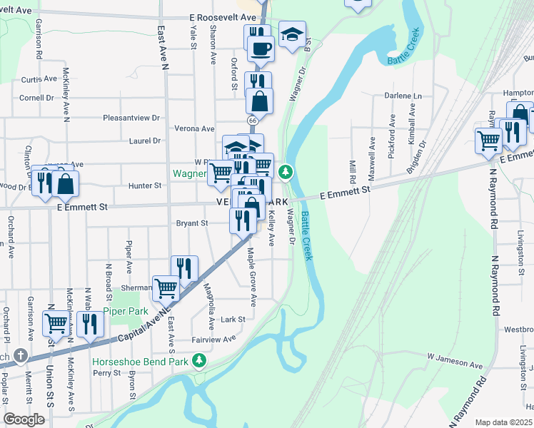map of restaurants, bars, coffee shops, grocery stores, and more near 14 Kelley Avenue in Battle Creek