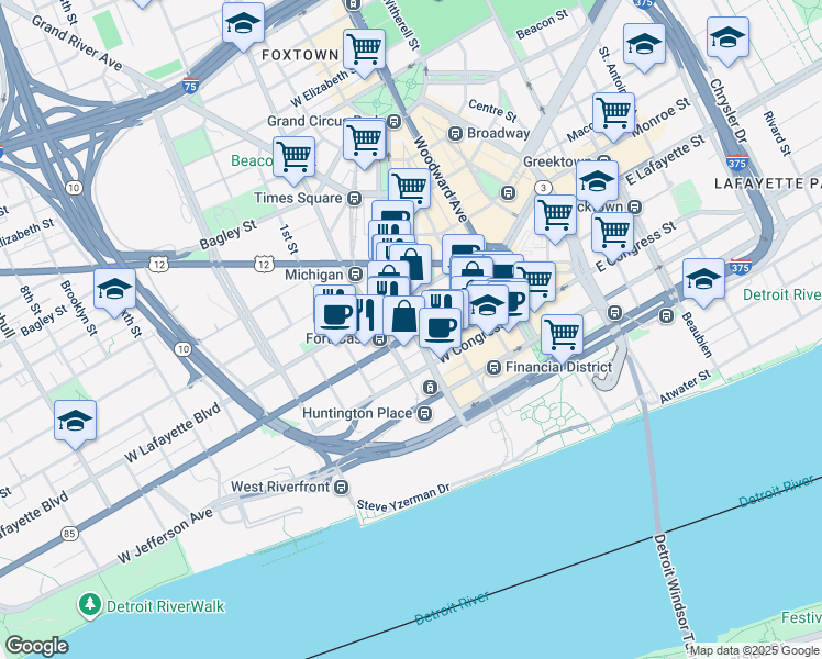 map of restaurants, bars, coffee shops, grocery stores, and more near in Detroit