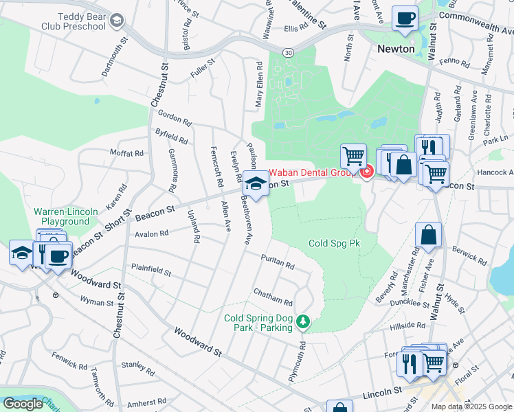 map of restaurants, bars, coffee shops, grocery stores, and more near 30 Beethoven Avenue in Newton