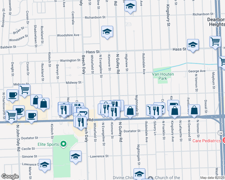 map of restaurants, bars, coffee shops, grocery stores, and more near 6009 North Gulley Road in Dearborn Heights