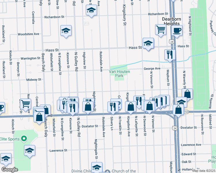 map of restaurants, bars, coffee shops, grocery stores, and more near 5955 Silvery Lane in Dearborn Heights